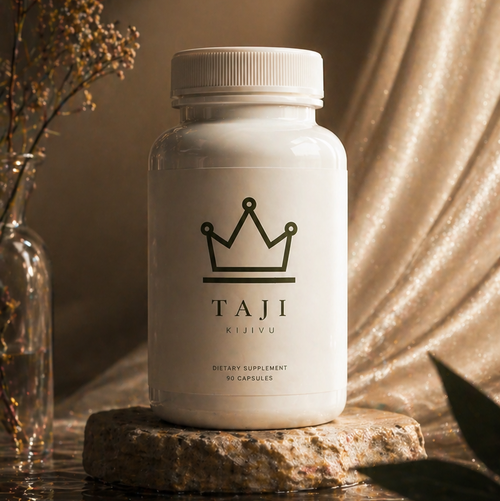 White bottle with 'TAJI' branding on a reflective surface with a draped fabric background